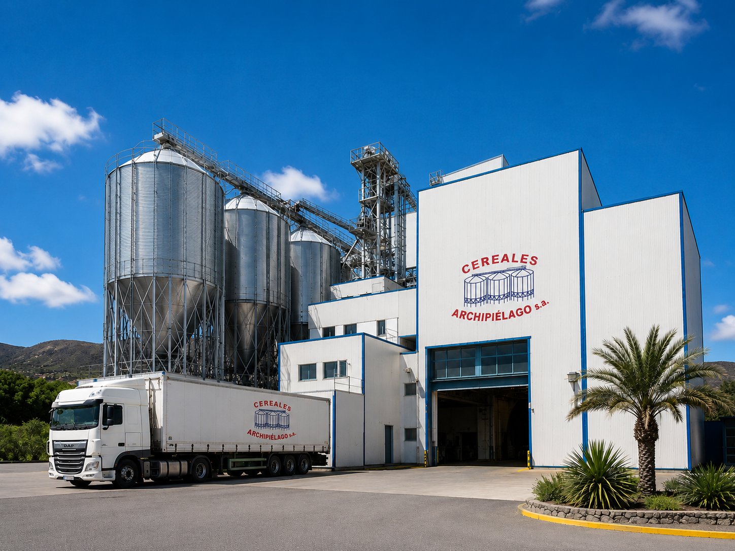Fábrica de Cereales Archipiélago con silos y camión de reparto