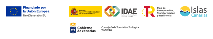 Logos oficiales: Unión Europea NextGenerationEU, Ministerio para la Transición Ecológica, IDAE, Plan de Recuperación Transformación y Resiliencia, Islas Canarias, Gobierno de Canarias - Consejería de Transición Ecológica y Energía